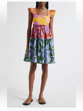 FARM Rio Tropical Swing Mixed Print Tiered Cotton Sundress Size S